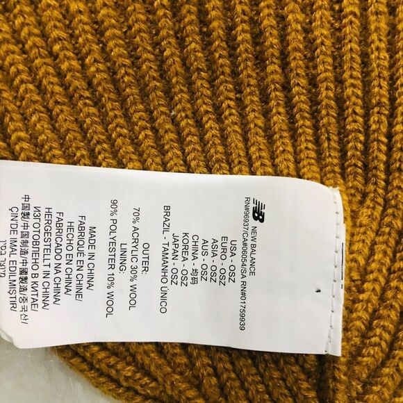 New Balance Ribbed Knit Fleece Lined Cuffed Beanie Mustard Yellow Wool Blend OSZ - Picture 6 of 7